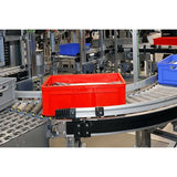 Galvanized gravity roller conveyor curved section lifestyle view right angle industrial warehouse material handling system
