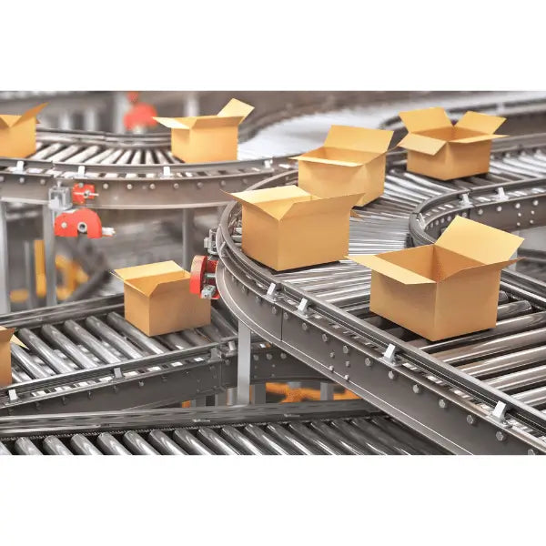 Galvanized gravity roller conveyor curved section lifestyle view with box carton industrial warehouse material handling system
