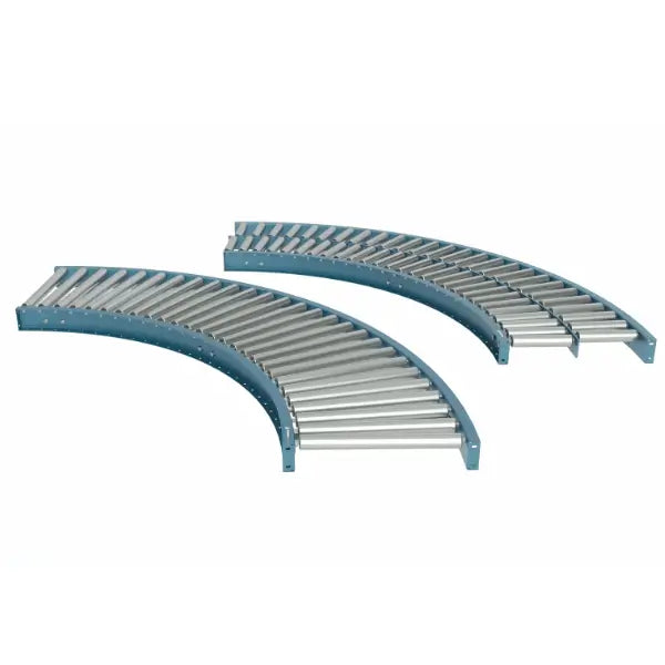 Galvanized roller gravity conveyor curved section dual lane left view industrial material handling system
