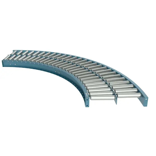 Galvanized roller gravity conveyor curved section left view industrial material handling system
