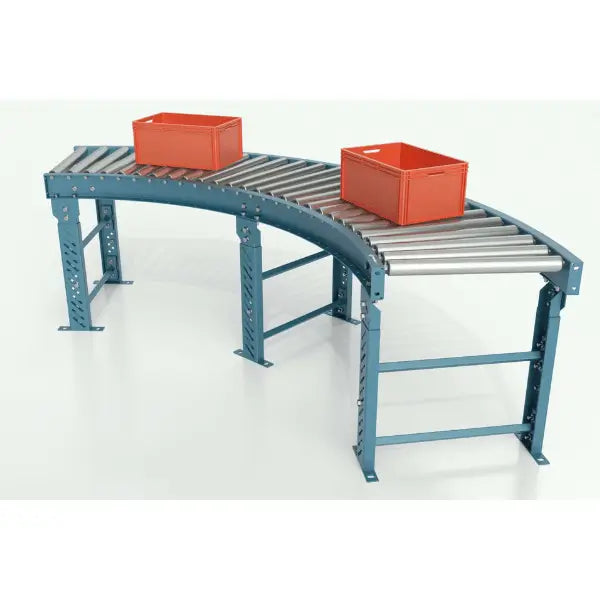 Galvanized roller gravity conveyor curved section left view with box carton industrial material handling system
