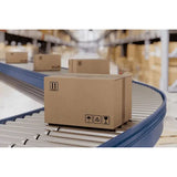 Galvanized roller gravity conveyor curved section lifestyle view with box carton industrial warehouse material handling system
