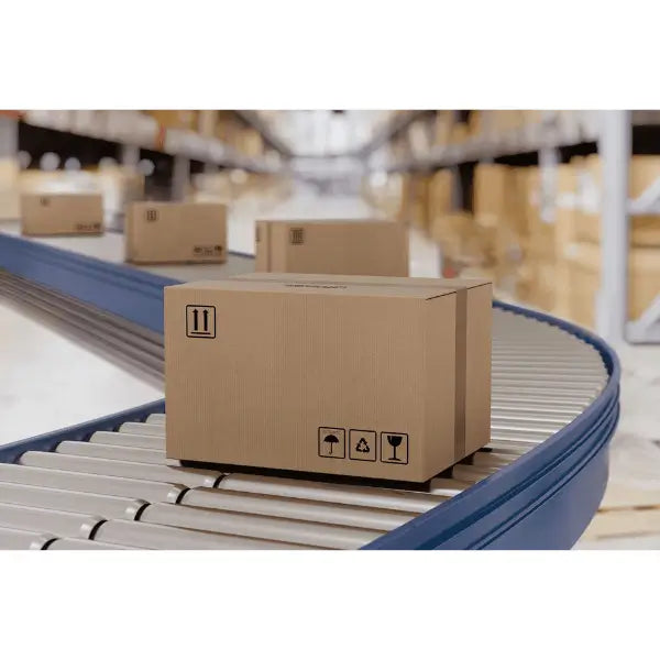 Galvanized roller gravity conveyor curved section lifestyle view with box carton industrial warehouse material handling system
