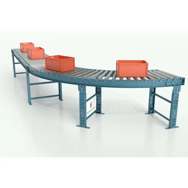 Galvanized roller gravity conveyor curved section right view with box carton industrial material handling system
