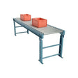 Front view of gravity roller conveyor system with steel frame and industrial rollers for material handling
