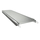 Left side view of gravity roller conveyor system with steel frame and industrial rollers for material handling

