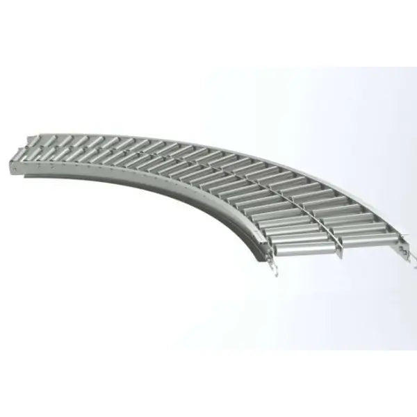 Side view of curved gravity roller conveyor system with steel frame and industrial rollers for material handling
