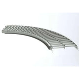 Side view of curved gravity roller conveyor system with steel frame and industrial rollers for material handling
