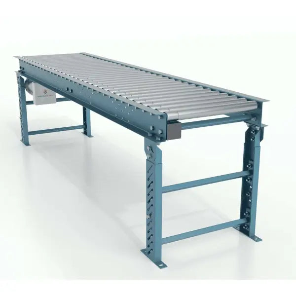 Line shaft conveyor with base industrial powered roller conveyor system for material handling and package transport
