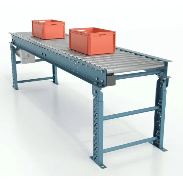 Line shaft conveyor with base and carton industrial powered roller conveyor system for material handling and package transport

