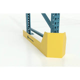 Pallet rack guard protection from forklifts front view with rack showing industrial warehouse safety barrier system for pallet rack impact protection
