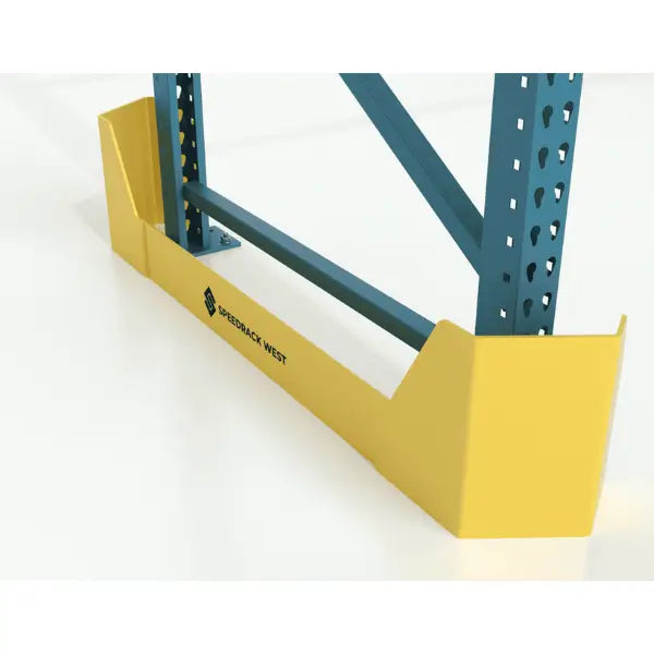 Pallet rack guard protection from forklifts right view with rack showing industrial warehouse safety barrier system for impact protection
