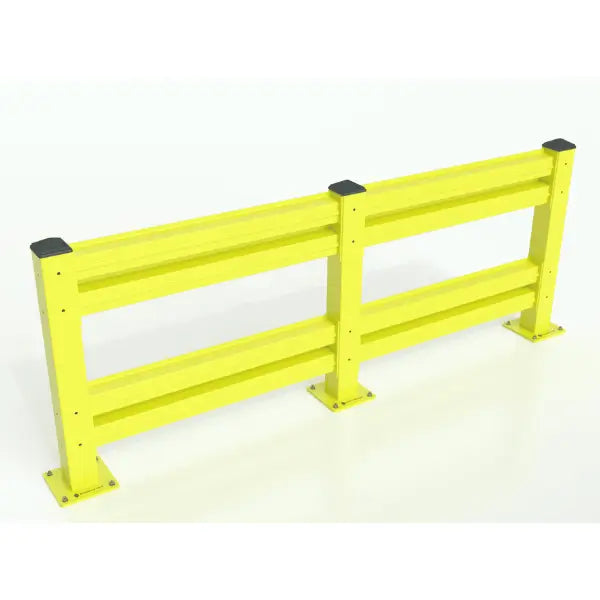 Pallet rack protectors and conveyor belt guard rails double side view industrial warehouse safety barrier system for equipment and rack protection
