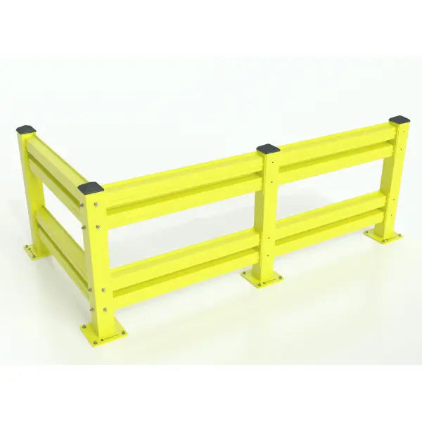 Pallet rack protectors and conveyor belt guard rails dual front view industrial warehouse safety barrier system for equipment protection
