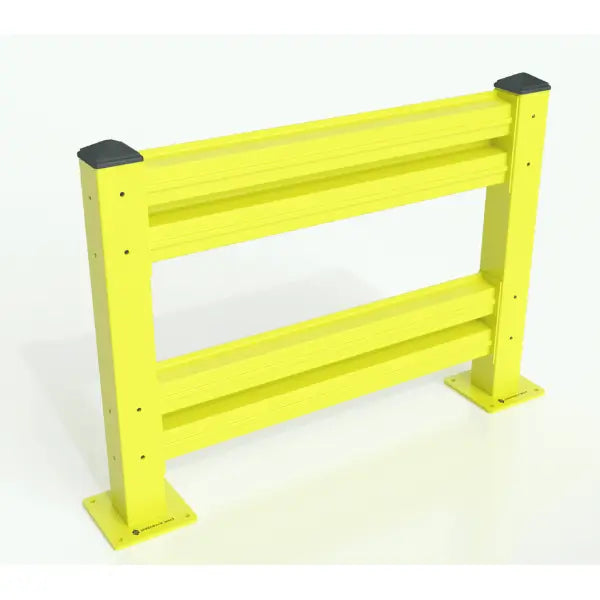 Pallet rack protectors and conveyor belt guard rails front view industrial warehouse safety barrier system for equipment protection and impact prevention
