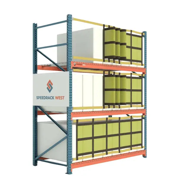 Pallet rack safety netting sliding style left view industrial warehouse fall protection system for pallet rack load containment and access control
