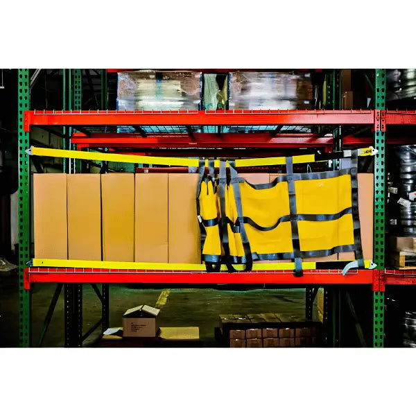 Pallet rack safety netting sliding style lifestyle view showing industrial warehouse fall protection system in real storage environment
