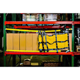 Pallet rack safety netting sliding style lifestyle view showing industrial warehouse fall protection system in real storage environment

