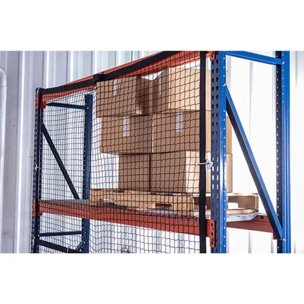 Pallet rack safety netting modular right view industrial warehouse fall protection system for pallet rack load containment and safety barriers

