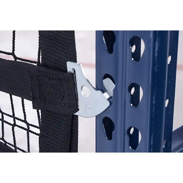Pallet rack safety netting modular strap view industrial warehouse fall protection system for pallet rack load containment and safety barriers
