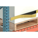 Pallet rack safety strap front view showing industrial warehouse load securing system for pallet rack stabilization and fall protection
