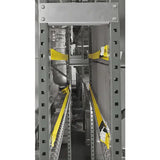 Pallet rack safety strap lifestyle view showing industrial warehouse load securing system in real storage environment for pallet rack stabilization and fall protection
