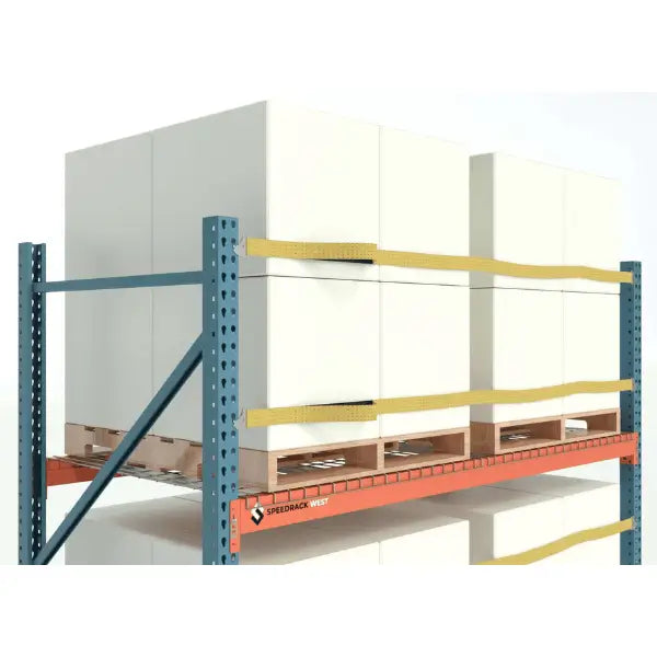 Pallet rack safety strap with rack side view showing industrial warehouse load securing system for pallet rack stabilization and fall protection
