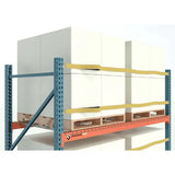 Pallet rack safety strap with rack side view showing industrial warehouse load securing system for pallet rack stabilization and fall protection
