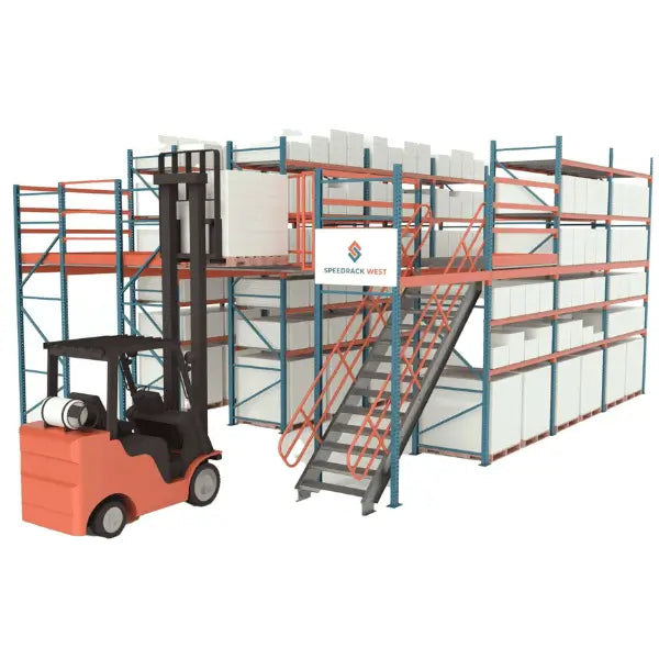 Pallet rack supported mezzanine system for warehouse storage and elevated workspace platform
