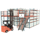 Pallet rack supported mezzanine system for warehouse storage and elevated workspace platform
