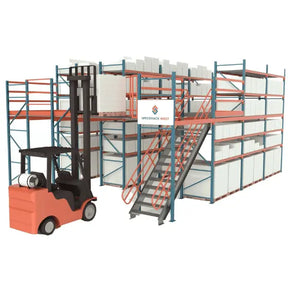 Pallet rack supported mezzanine system for warehouse storage and elevated workspace platform
