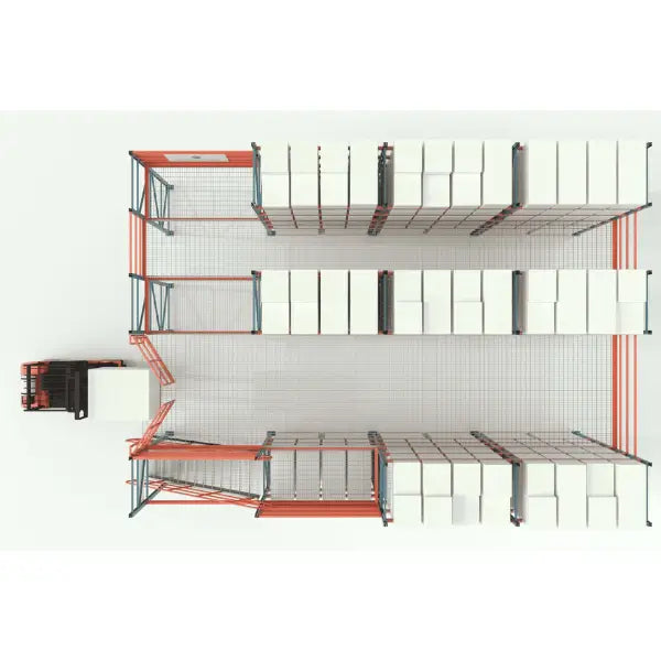 Pallet rack supported mezzanine top view displaying elevated warehouse storage layout and industrial platform design
