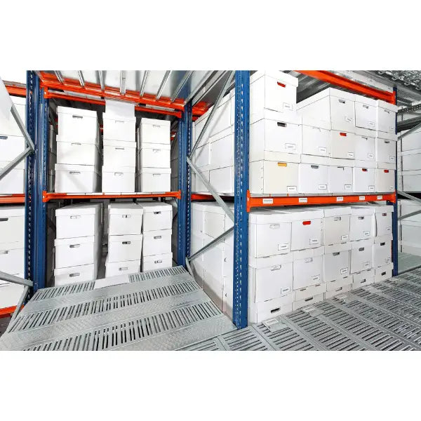 Pallet rack supported mezzanine warehouse view showing integrated storage platform within industrial facility
