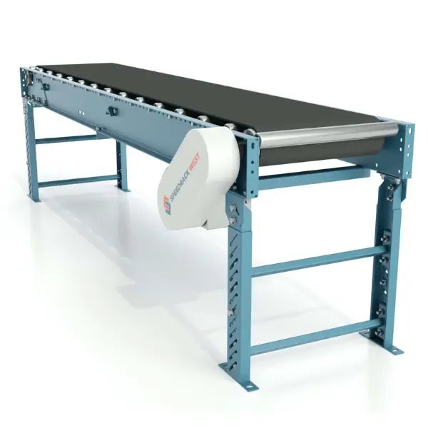 Medium duty slider bed belt conveyor with support base for industrial material handling applications
