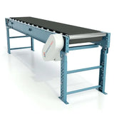 Medium duty slider bed belt conveyor with support base for industrial material handling applications
