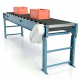 Medium duty slider bed belt conveyor with support base and carton for industrial material handling applications
