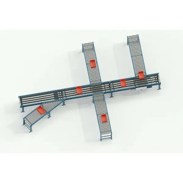 Sortation conveyors left front view industrial automated material handling system for package sorting and distribution
