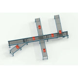 Sortation conveyors left front view industrial automated material handling system for package sorting and distribution
