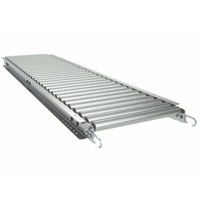 Light-duty galvanized gravity roller conveyor straight section front view with steel rollers for material handling
