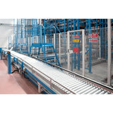 Light-duty galvanized gravity roller conveyor straight section in industrial warehouse setting for material handling use

