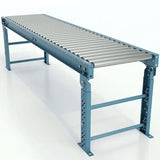 Front right view of medium-duty galvanized gravity roller conveyor straight section with steel rollers for material handling
