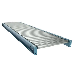 Front view of medium-duty galvanized gravity roller conveyor straight section with steel rollers for material handling

