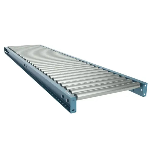 Front view of medium-duty galvanized gravity roller conveyor straight section with steel rollers for material handling
