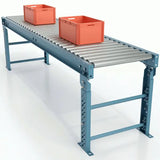 Front view of medium-duty galvanized gravity roller conveyor straight section with cardboard box for warehouse material handling

