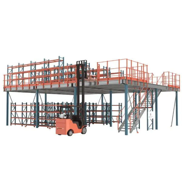 Structural steel mezzanine system for warehouse storage expansion and industrial workspace optimization
