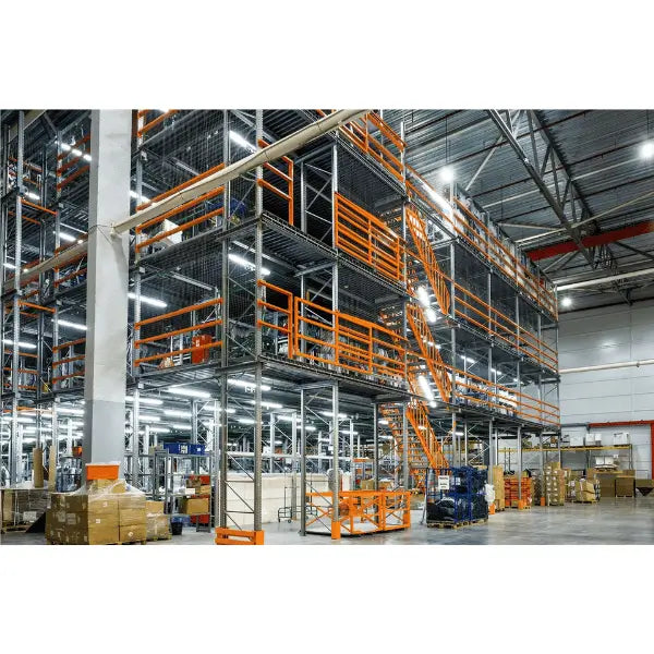 Structural steel mezzanine system lifestyle image for warehouse storage expansion and industrial workspace optimization
