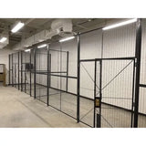 WireCrafters 840 wire mesh partition cage 5x8 lifestyle view showing modular secure industrial storage enclosure in warehouse use
